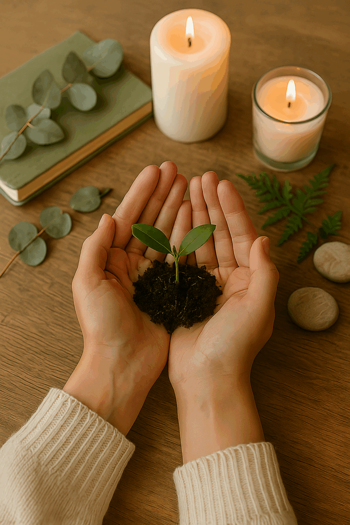 Mãos segurando uma pequena muda verde com terra, cercada por velas acesas, folhas de eucalipto, caderno e pedras sobre uma mesa de madeira.