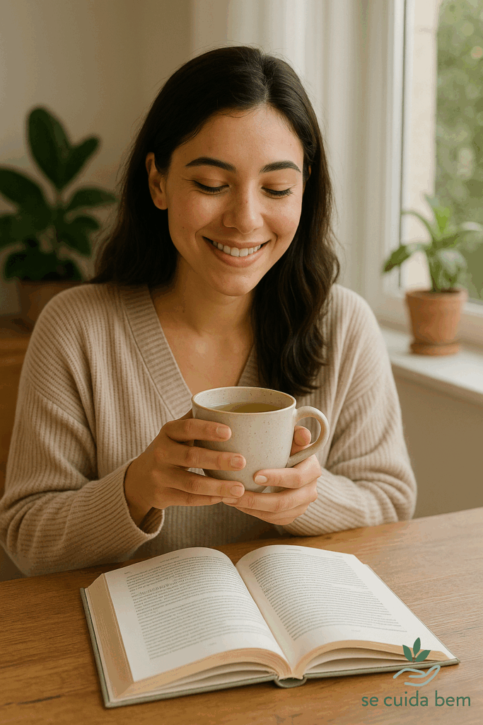 Mulher sorrindo enquanto segura uma xícara de chá, sentada à mesa com um livro aberto, em um ambiente aconchegante e iluminado.